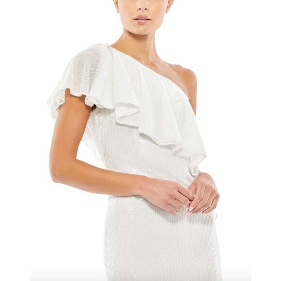 Mac Duggal Ruffle One Shoulder Sequin Mini Cocktail Dress White Womens 4 - Picture 11 of 11